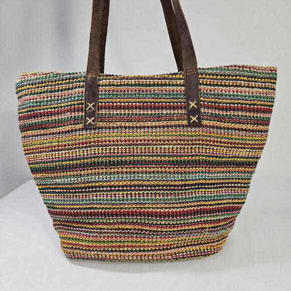 Fabindia Multi Colored Jute And Leather Tote Shoulder Bag Purse - Picture 2 of 11